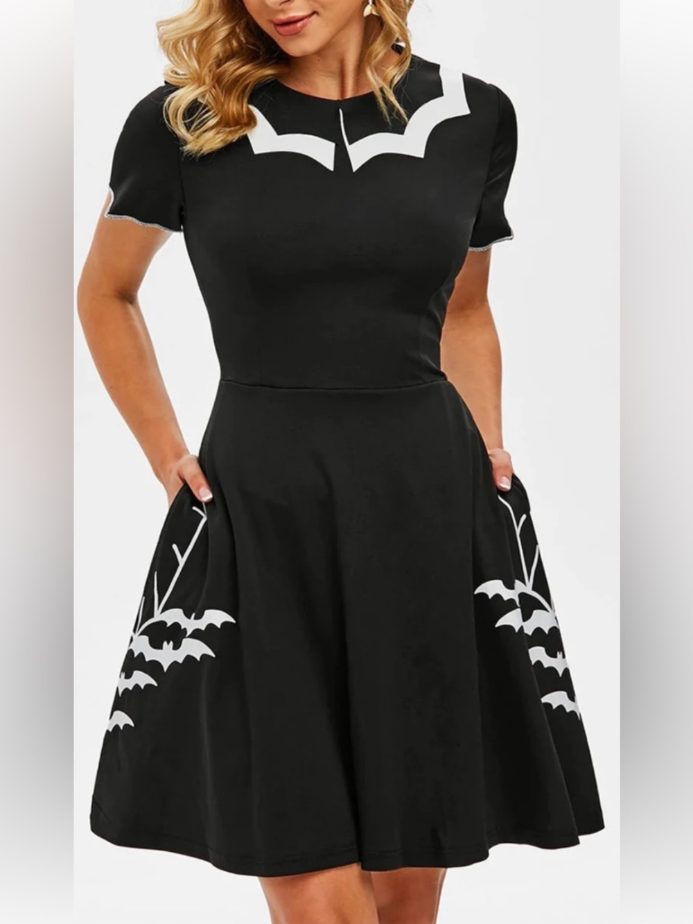 Unbranded Cotton Blend Black Bat Accent Fit-and-Flare Midi Dress Sz L. A1